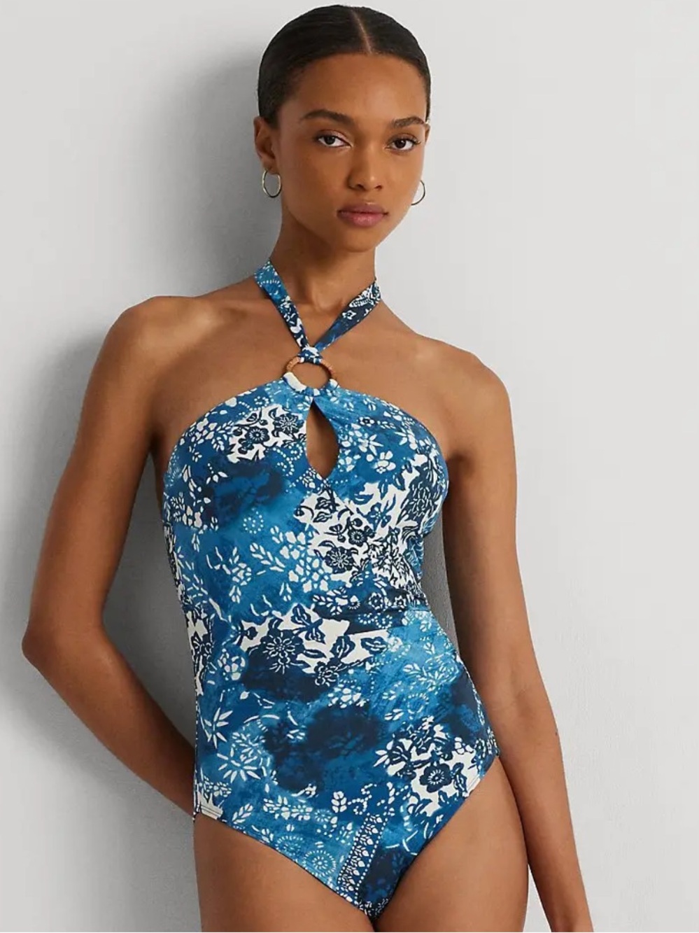 Lauren Ralph Lauren Print Ring-Front High-Neck One-Piece Swimsuit size 12